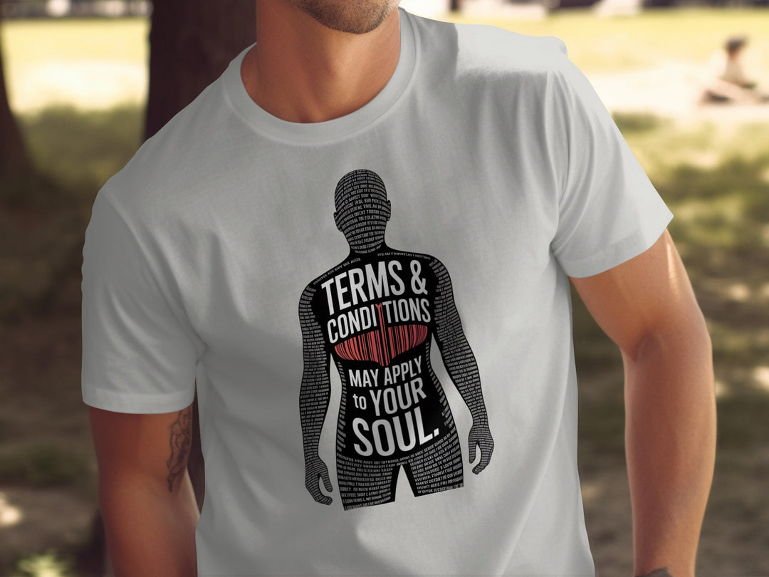 terms and conditions t-shirt with barcode heart silhouette — men’s tee