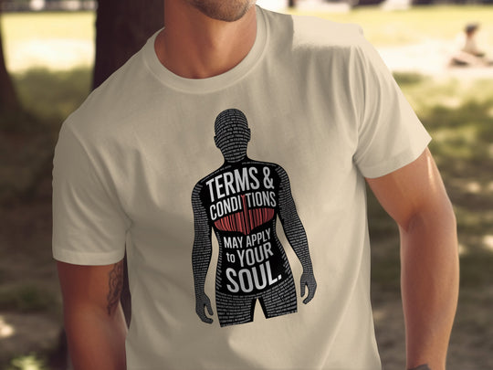 terms and conditions t-shirt with barcode heart silhouette — men’s tee