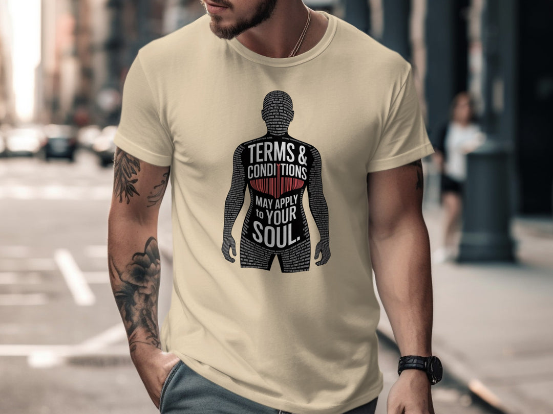 terms and conditions t-shirt with barcode heart silhouette — men’s tee