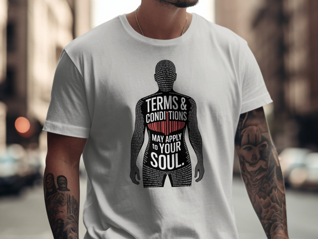 terms and conditions t-shirt with barcode heart silhouette — men’s tee