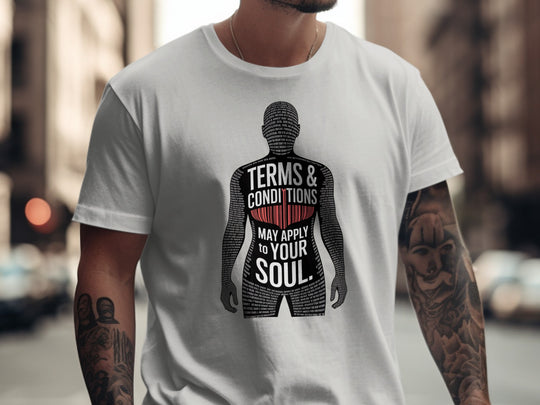 terms and conditions t-shirt with barcode heart silhouette — men’s tee