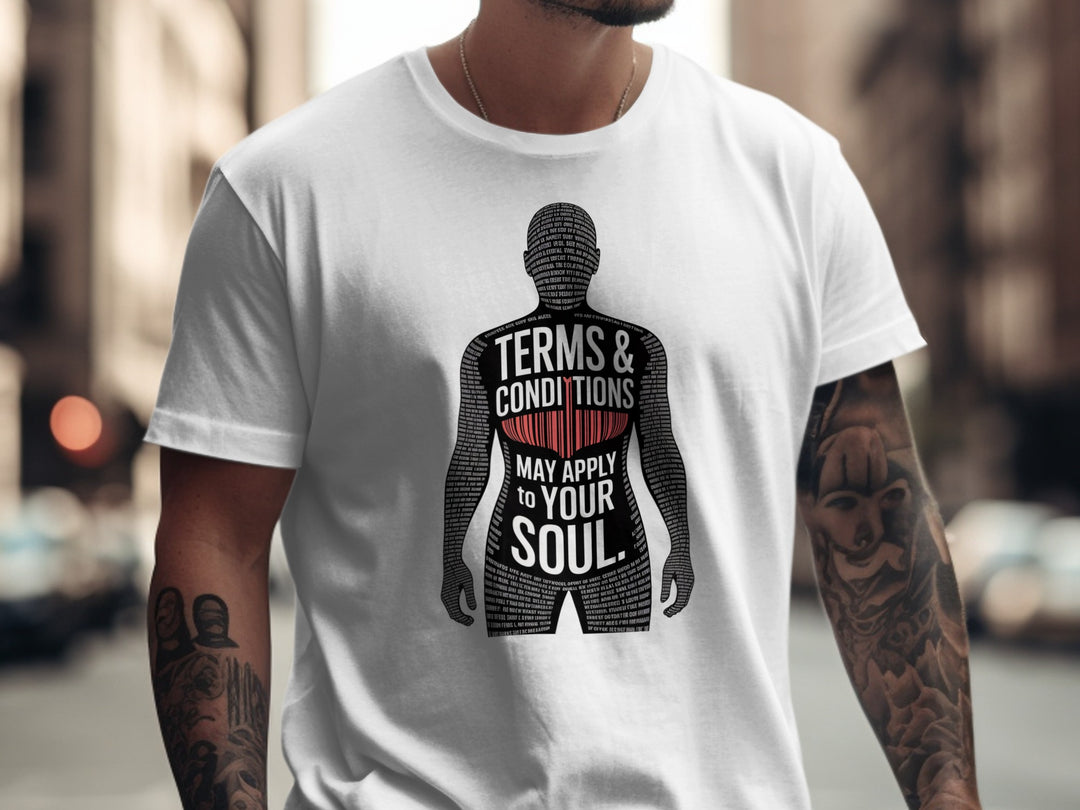 terms and conditions t-shirt with barcode heart silhouette — men’s tee