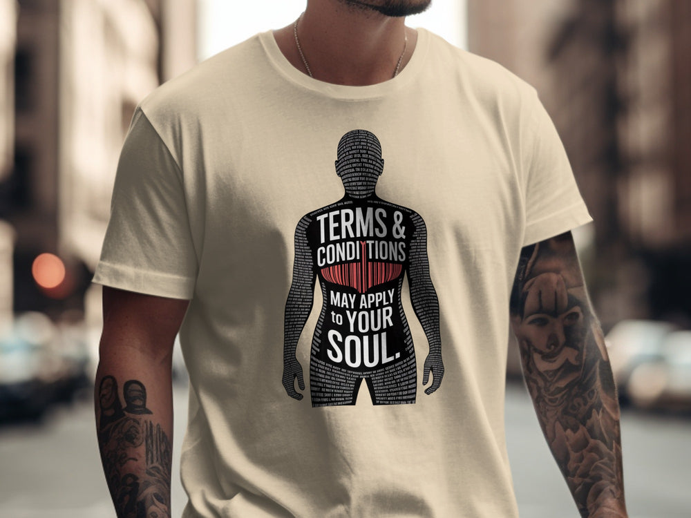 terms and conditions t-shirt with barcode heart silhouette — men’s tee