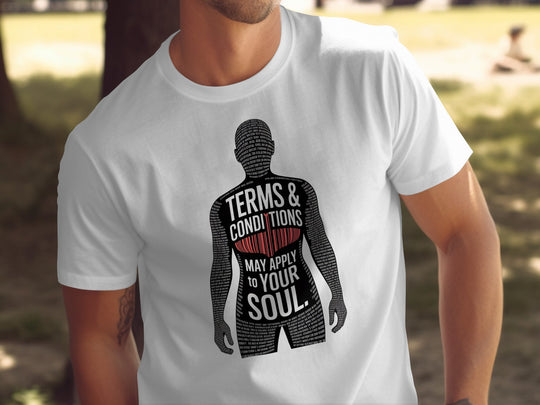 terms and conditions t-shirt with barcode heart silhouette — men’s tee