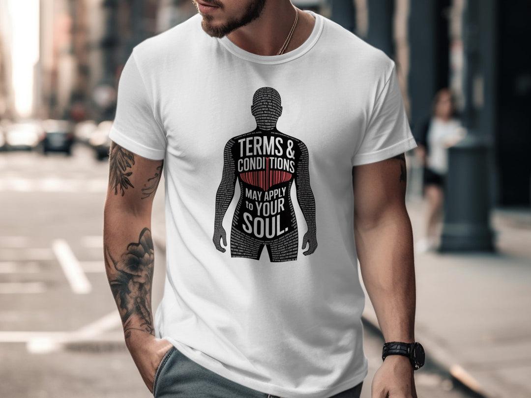 terms and conditions t-shirt with barcode heart silhouette — men’s tee