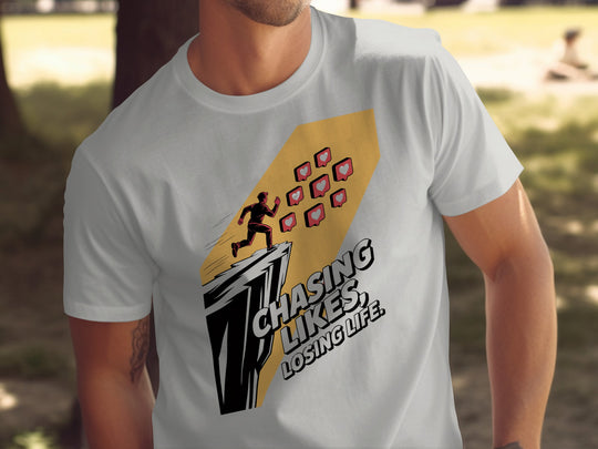 chasing likes, losing life runner with heart icons — men’s t-shirt graphic