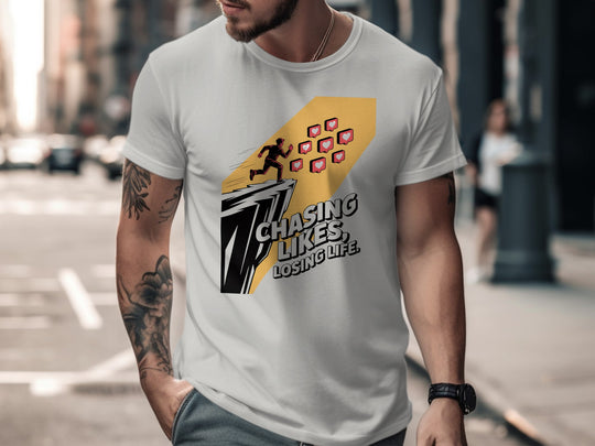 chasing likes, losing life runner with heart icons — men’s t-shirt graphic