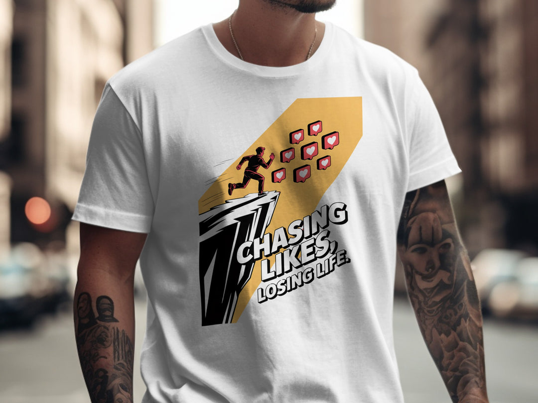 chasing likes, losing life runner with heart icons — men’s t-shirt graphic