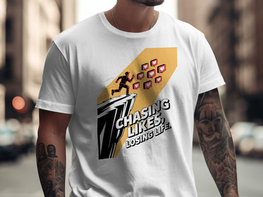 chasing likes, losing life runner with heart icons — men’s t-shirt graphic