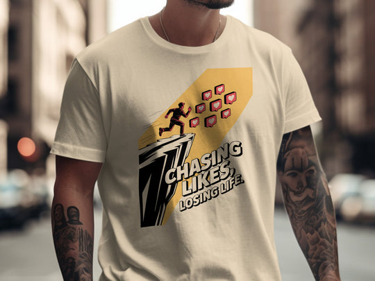 chasing likes, losing life runner with heart icons — men’s t-shirt graphic