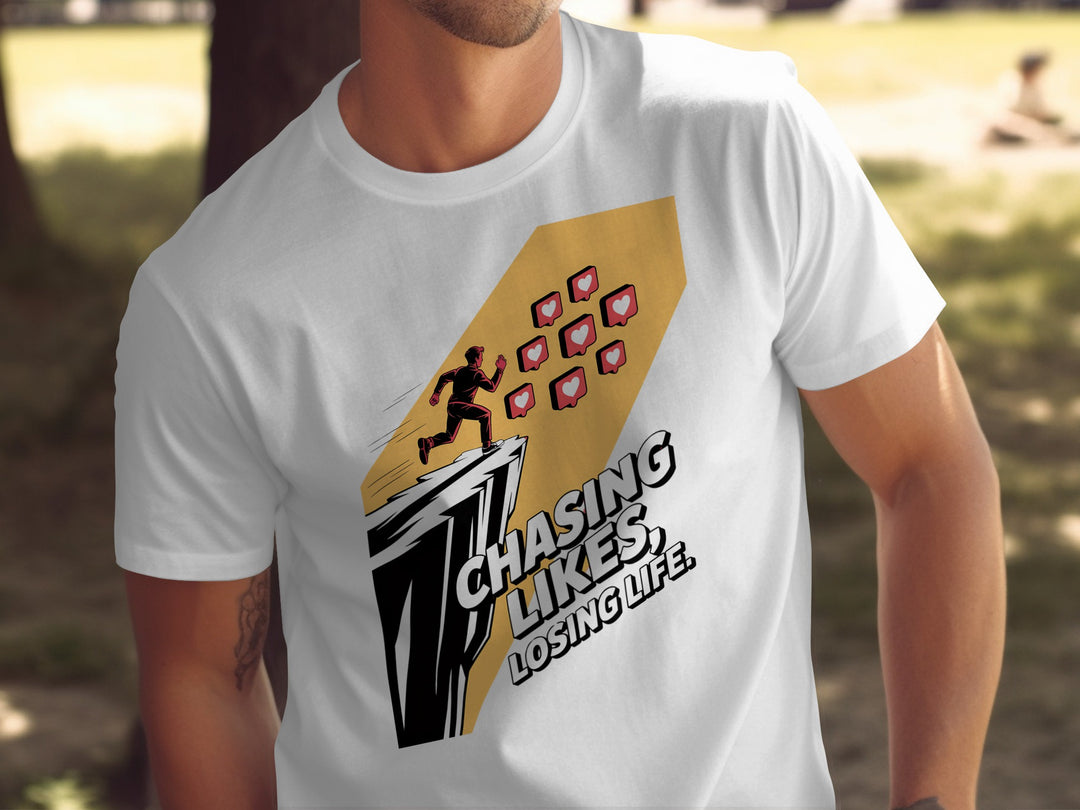 chasing likes, losing life runner with heart icons — men’s t-shirt graphic