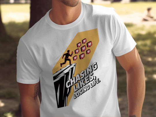 chasing likes, losing life runner with heart icons — men’s t-shirt graphic