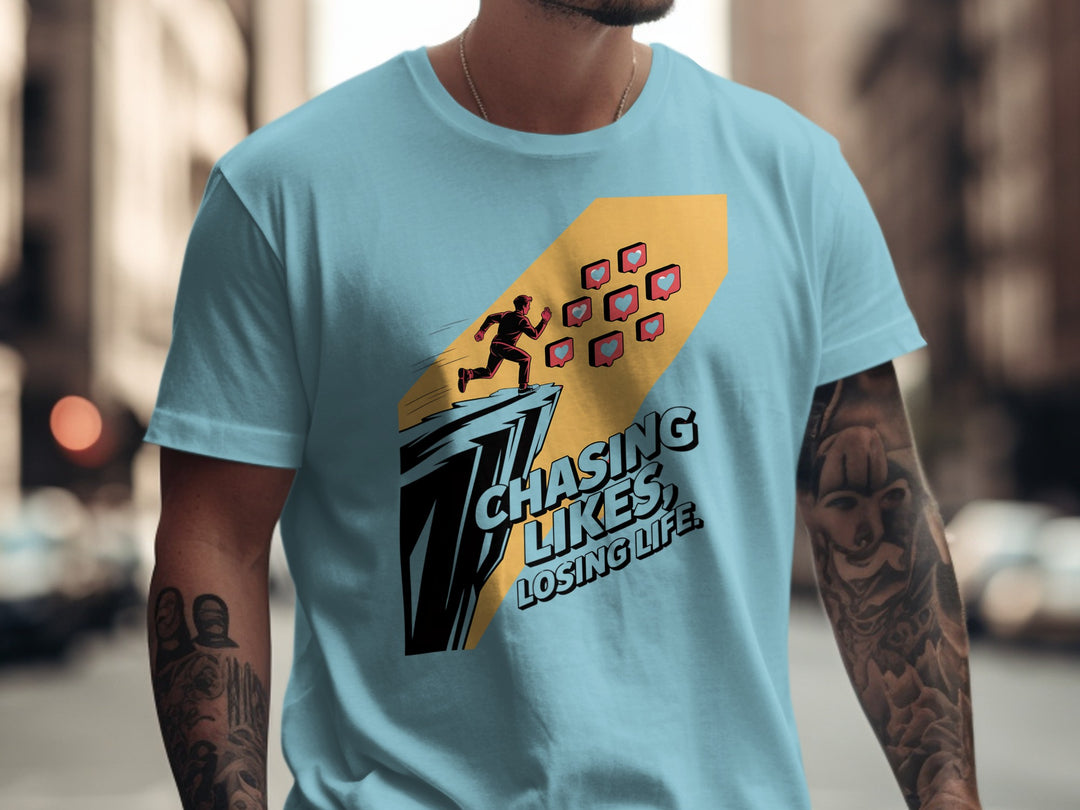chasing likes, losing life runner with heart icons — men’s t-shirt graphic