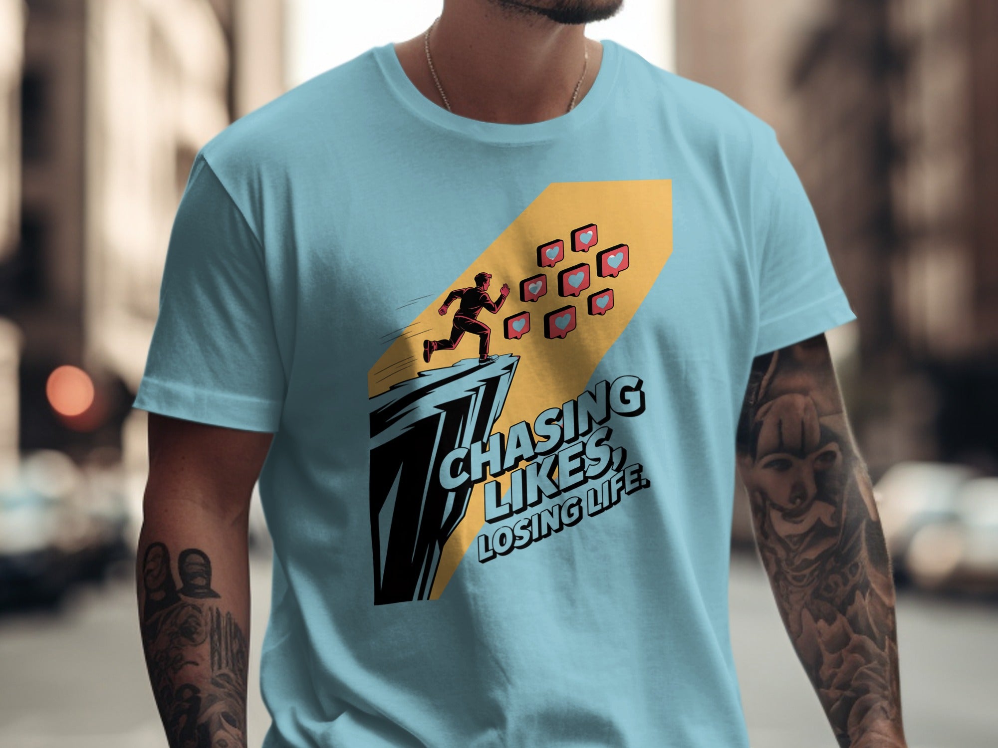 chasing likes, losing life runner with heart icons — men’s t-shirt graphic