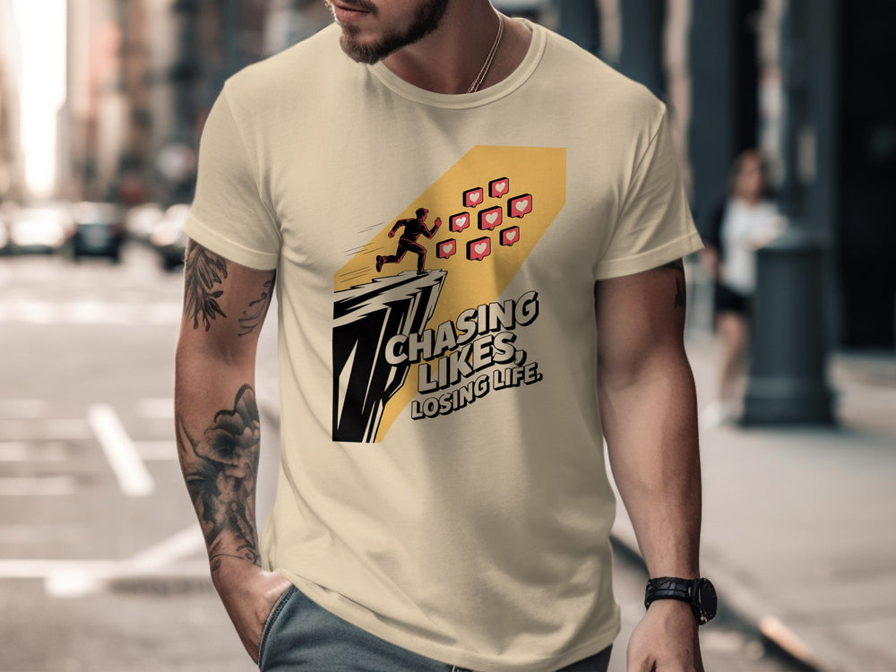 chasing likes, losing life runner with heart icons — men’s t-shirt graphic