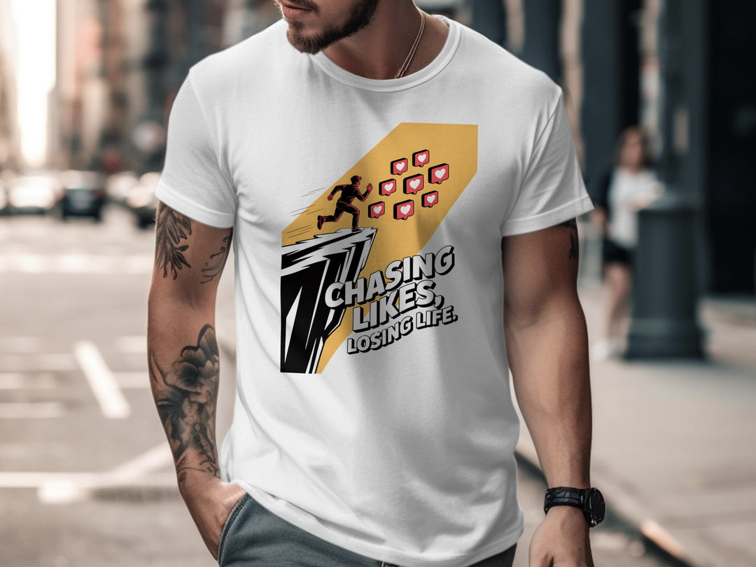 chasing likes, losing life runner with heart icons — men’s t-shirt graphic