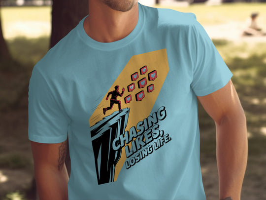 chasing likes, losing life runner with heart icons — men’s t-shirt graphic