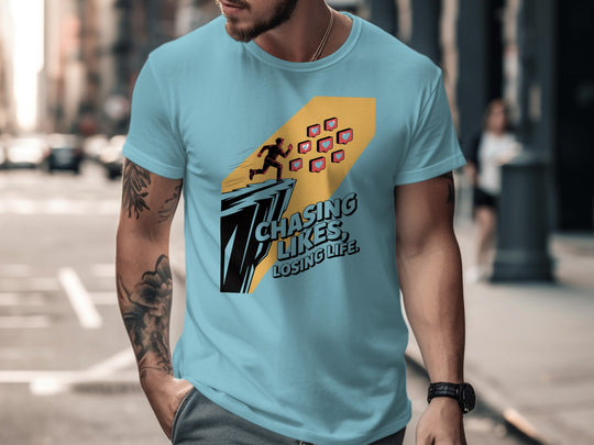 chasing likes, losing life runner with heart icons — men’s t-shirt graphic