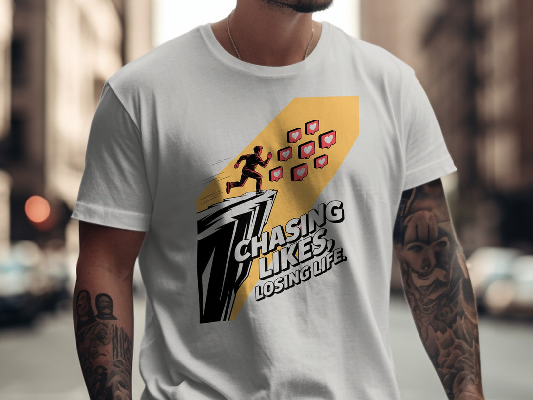 chasing likes, losing life runner with heart icons — men’s t-shirt graphic
