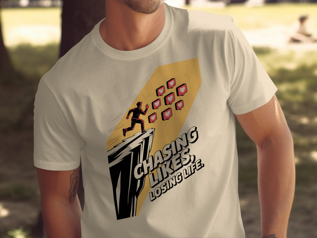 chasing likes, losing life runner with heart icons — men’s t-shirt graphic