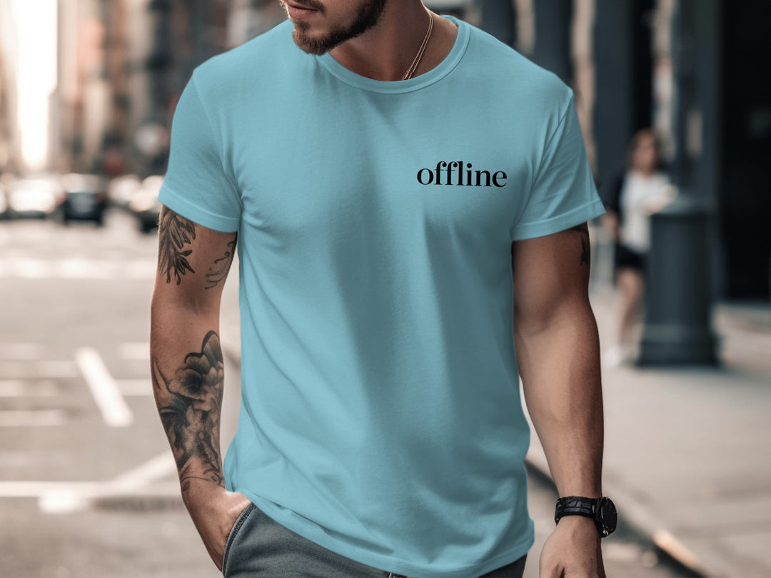 offline stealth minimal corner wordmark — men’s t-shirt graphic