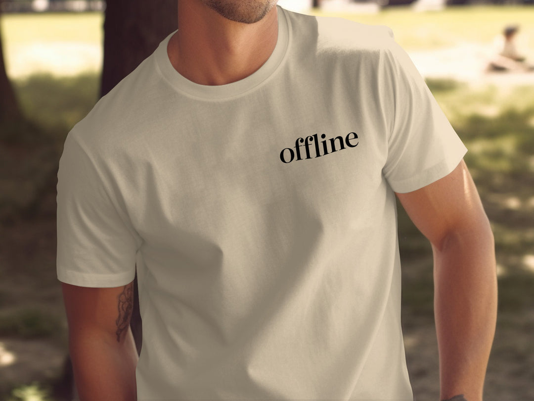 offline stealth minimal corner wordmark — men’s t-shirt graphic