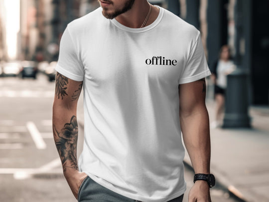 offline stealth minimal corner wordmark — men’s t-shirt graphic