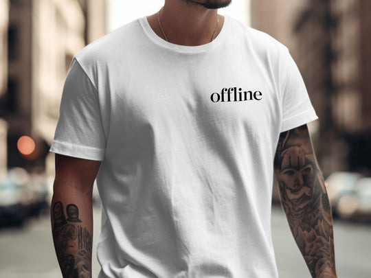offline stealth minimal corner wordmark — men’s t-shirt graphic