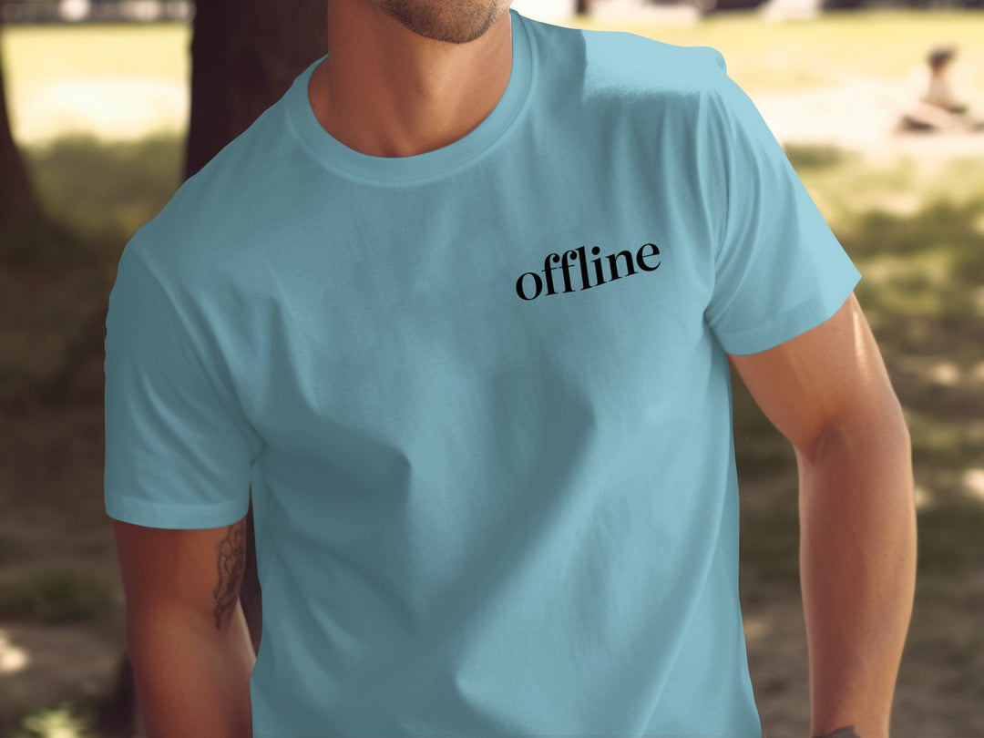 offline stealth minimal corner wordmark — men’s t-shirt graphic
