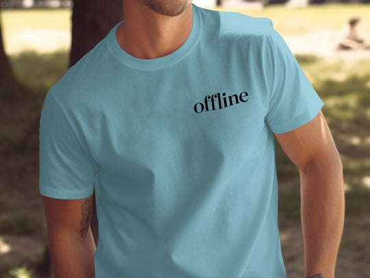 offline stealth minimal corner wordmark — men’s t-shirt graphic