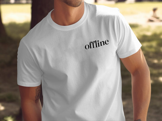 offline stealth minimal corner wordmark — men’s t-shirt graphic