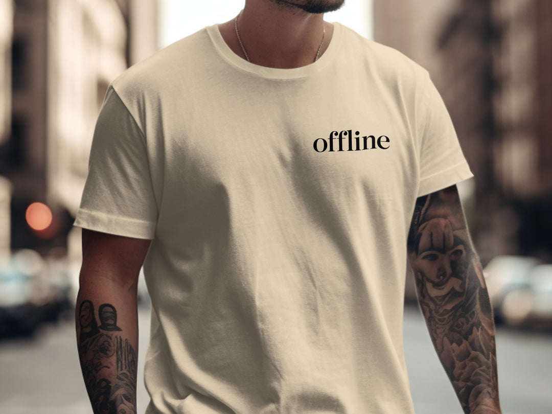 offline stealth minimal corner wordmark — men’s t-shirt graphic