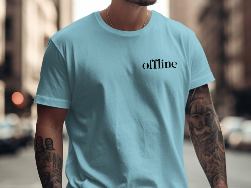 offline stealth minimal corner wordmark — men’s t-shirt graphic