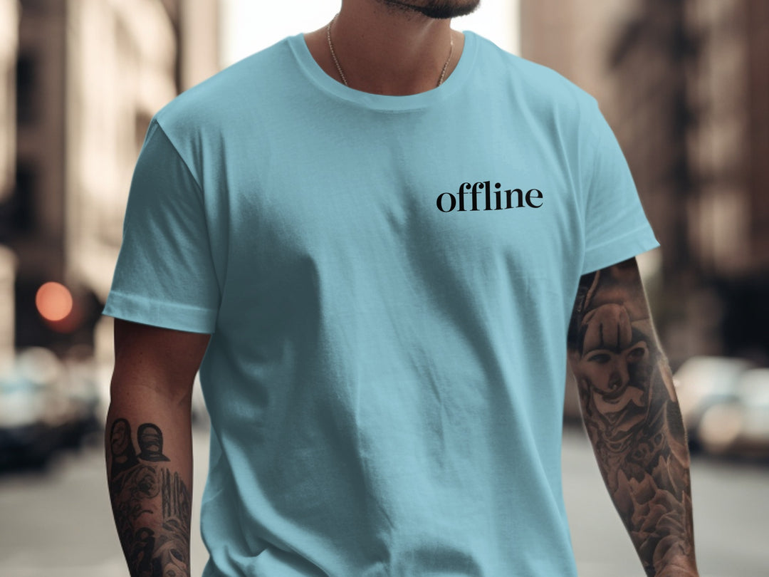 offline stealth minimal corner wordmark — men’s t-shirt graphic