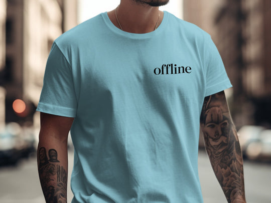 offline stealth minimal corner wordmark — men’s t-shirt graphic