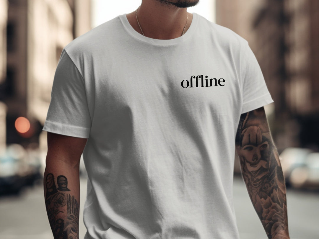 offline stealth minimal corner wordmark — men’s t-shirt graphic