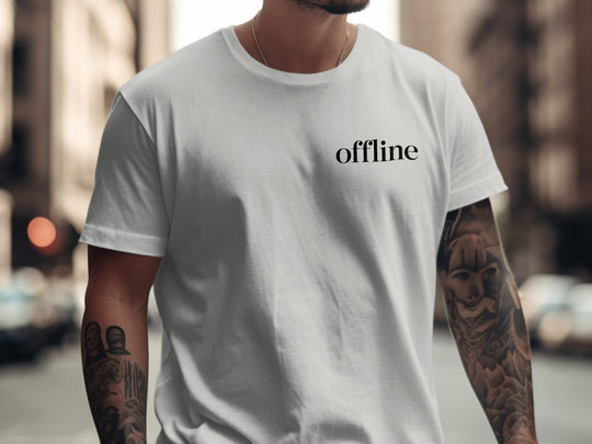 offline stealth minimal corner wordmark — men’s t-shirt graphic