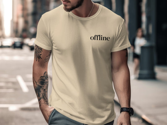 offline stealth minimal corner wordmark — men’s t-shirt graphic