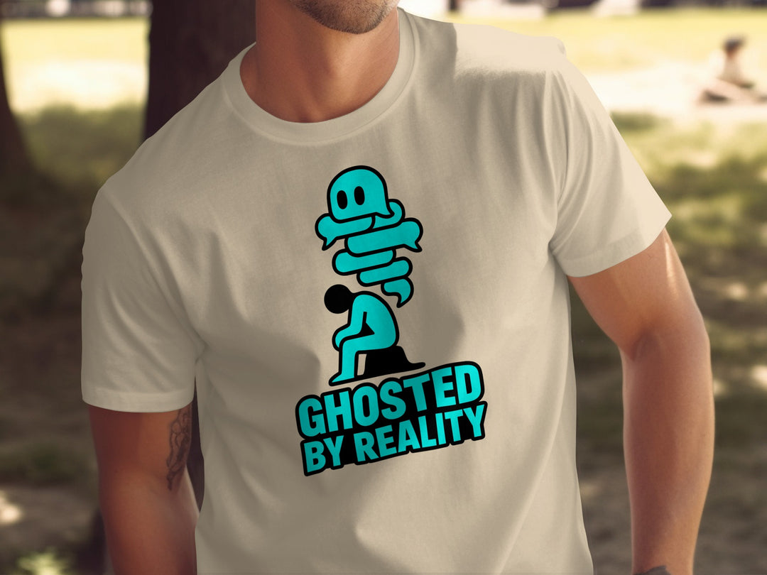 ghosted by reality ghost over seated figure — men’s t-shirt graphic