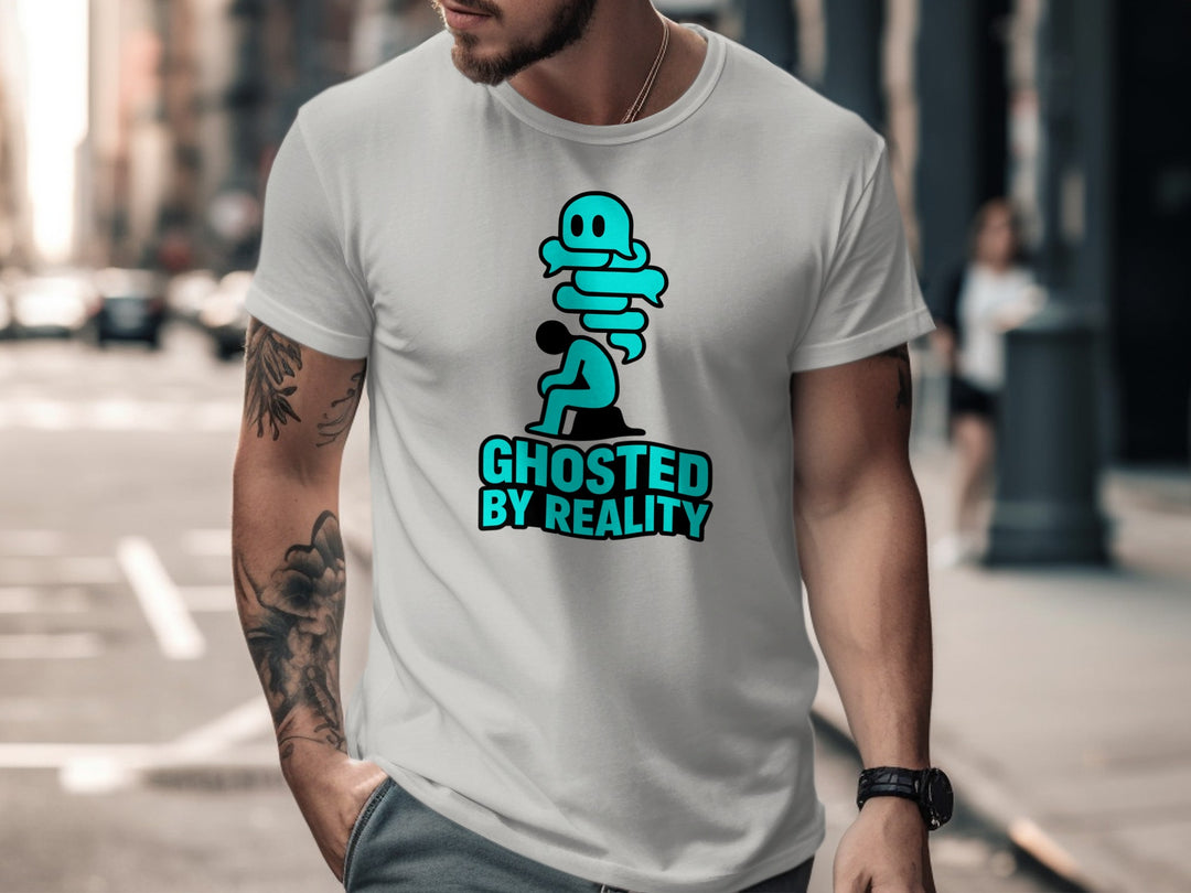 ghosted by reality ghost over seated figure — men’s t-shirt graphic