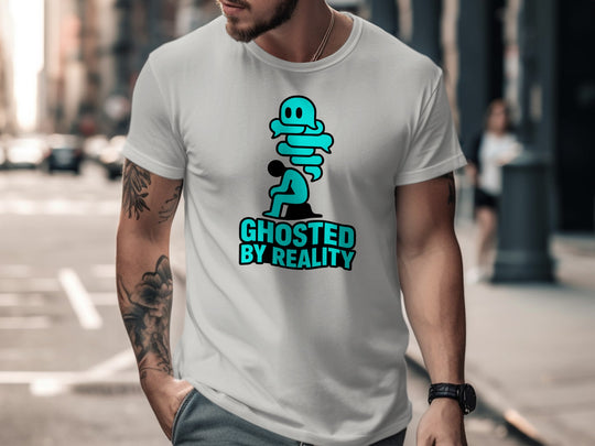 ghosted by reality ghost over seated figure — men’s t-shirt graphic