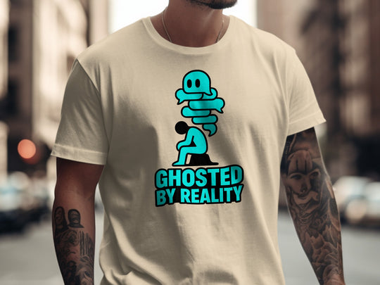 ghosted by reality ghost over seated figure — men’s t-shirt graphic