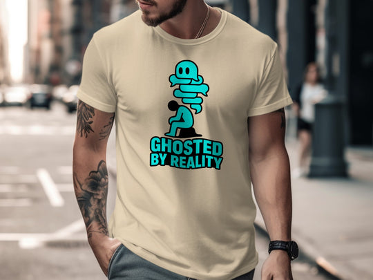ghosted by reality ghost over seated figure — men’s t-shirt graphic