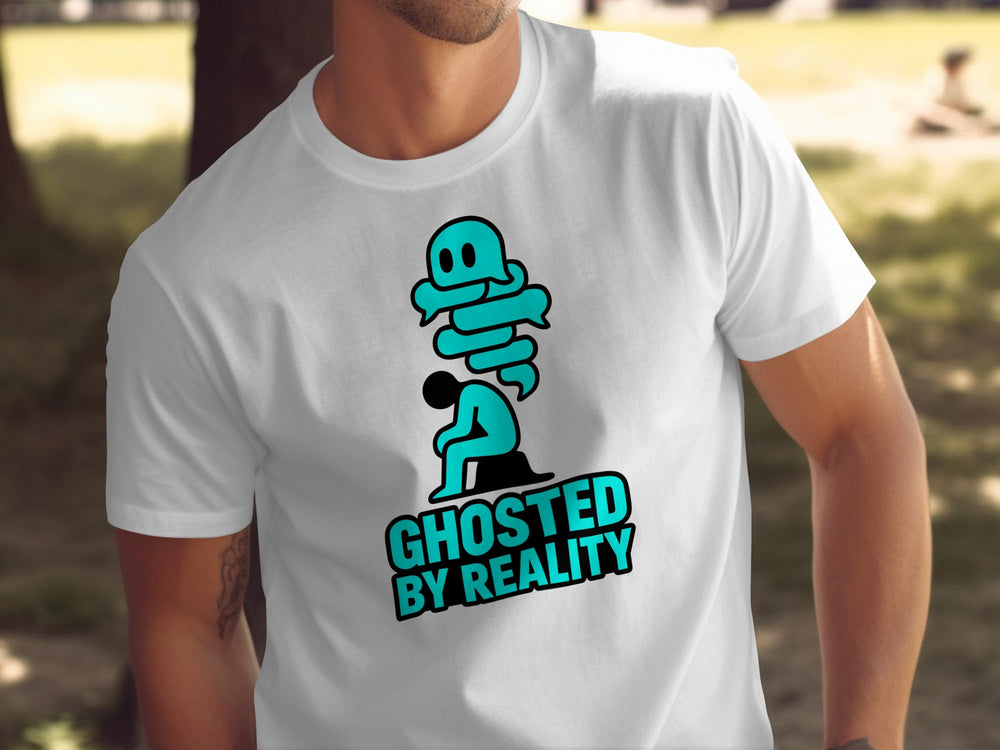 ghosted by reality ghost over seated figure — men’s t-shirt graphic