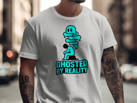 ghosted by reality ghost over seated figure — men’s t-shirt graphic