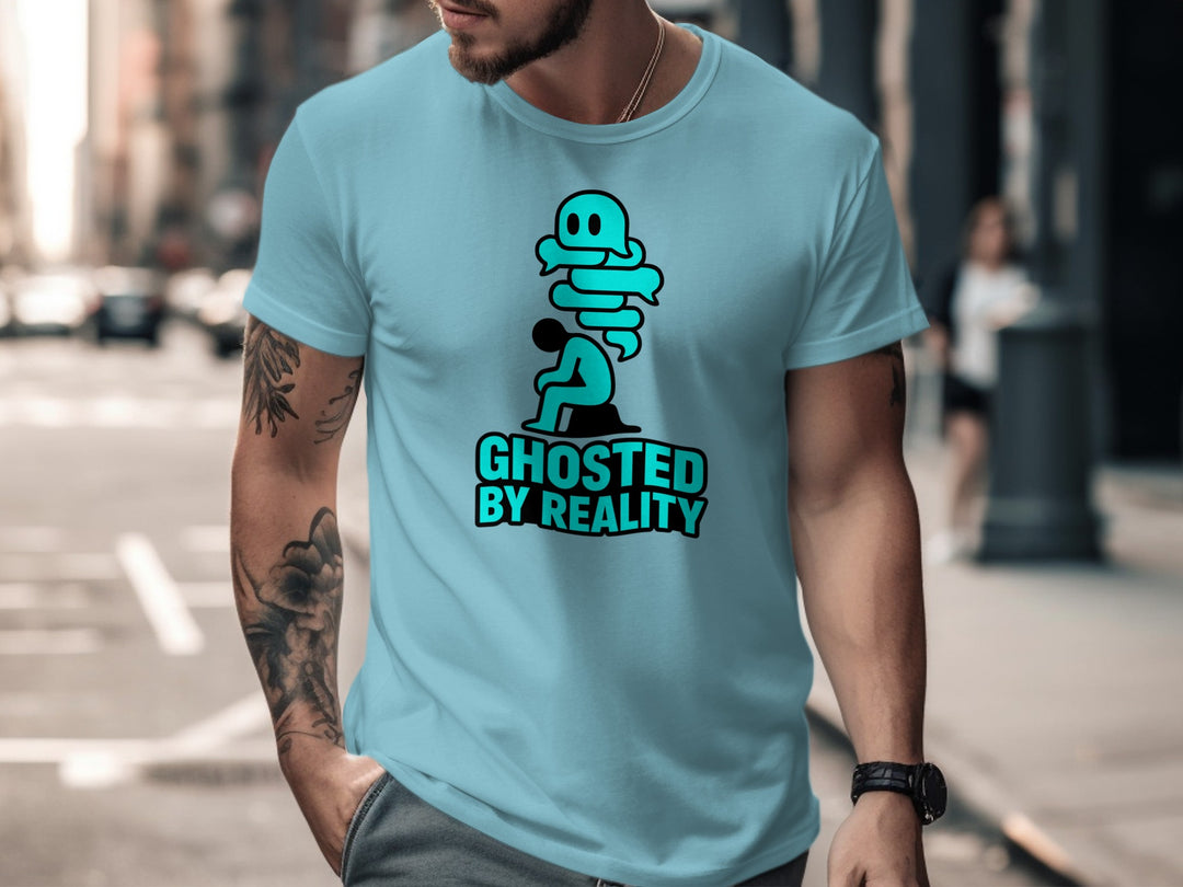 ghosted by reality ghost over seated figure — men’s t-shirt graphic
