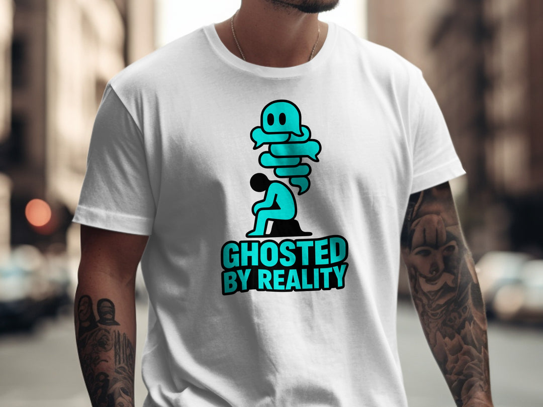 ghosted by reality ghost over seated figure — men’s t-shirt graphic