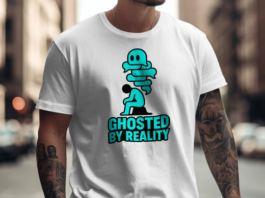 ghosted by reality ghost over seated figure — men’s t-shirt graphic