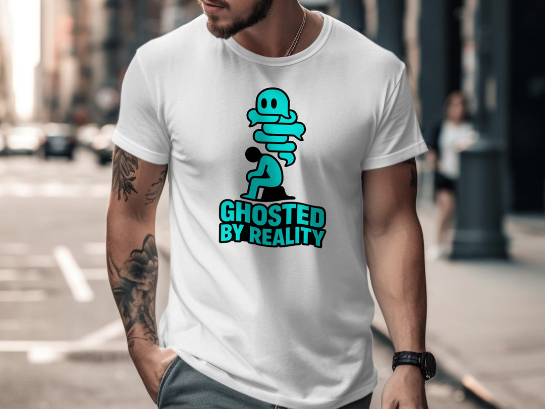 ghosted by reality ghost over seated figure — men’s t-shirt graphic