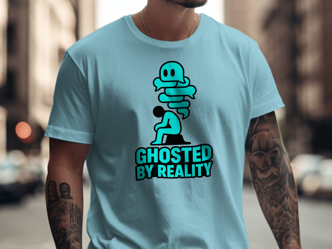 ghosted by reality ghost over seated figure — men’s t-shirt graphic